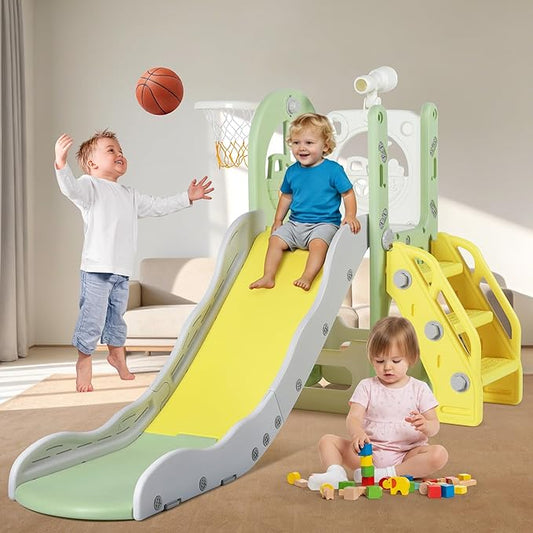 6 in 1 Toddler Playset Toddler Slide and Climber Playset, L-Shaped Kids Slide with Basketball Hoop, Telescope & Storage, Sturdy Indoor Outdoor Playground, for Boys Girls 1-3+