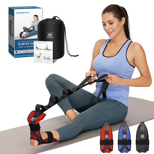 comness Foot and Calf Stretcher-Stretching Strap For Plantar Fasciitis, Heel Spurs, Foot Drop, Achilles Tendonitis & Hamstring. Yoga Foot & Leg Stretch Strap. (Red)