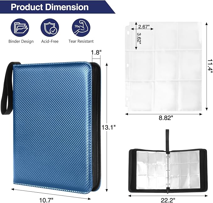 MAXECHO 9 Pocket Trading Card Binder, 1008 Pockets in 56 Removable Double-Sided Sleeves, PU Zip Card Collection Storage Organizer Album for Baseball, MTG, TCG, Sports. Blue