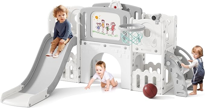 Glaf Toddler Slide 9 in 1 Outdoor Playset Indoor Playground Kids Slides for Toddlers 1-3 Baby Toys with Climber Basketball Hoop Drawing Board and Storage Space (Grey)