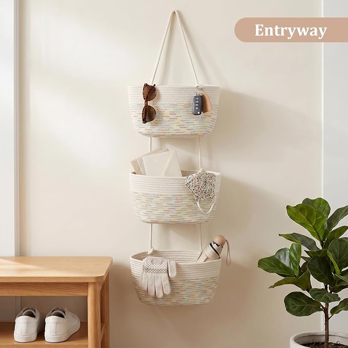 TeoKJ Over the Door Hanging Basket, 3-Tier Woven Cotton Wall-Mounted Storage Organizer Bag Decorative Hanging Nursery Baskets, White & Rainbow Stitching