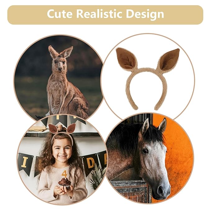 Beviliu Animals Ear Kangaroo Ears Headband Realistic Fluffy Cat Bunny Dog Hairband Halloween Christmas Costume for Washing Makeup Cosplay Party