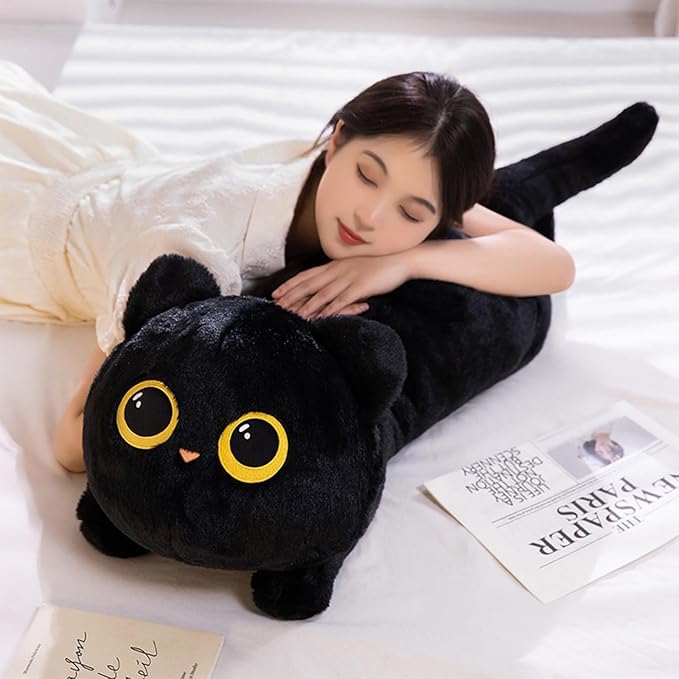 PEACH CAT 19.7" Long Cat Plush Pillow Cute Kitten Stuffed Animals Plushies Toy Gifts for Kids Black
