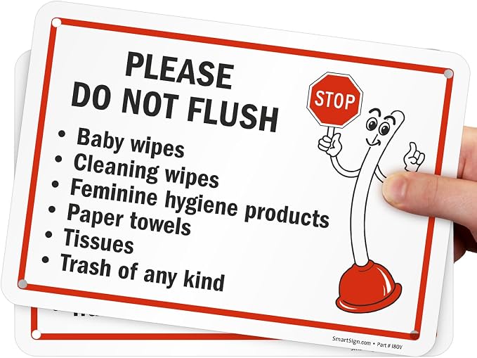 SmartSign 2-Pack 'Please Do Not Flush Wipes/Feminine Hygiene Products/Paper Towels/Tissues/Trash' Bathroom Sign with Funny STOP Symbol - 7" x 10", 55 mil HDPE Plastic, Red/Black/White, USA-Made