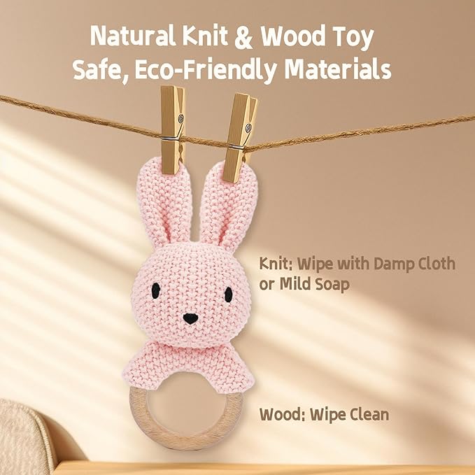 Baby Rattle Teether Bunny Pink Crochet Rabbit Toy for Baby Girl Handmade Knitted Easy Grip Wood Handle for Gum Relief Woodland Animal Plush Stuffed Easter Basket Shower Gift Newborn