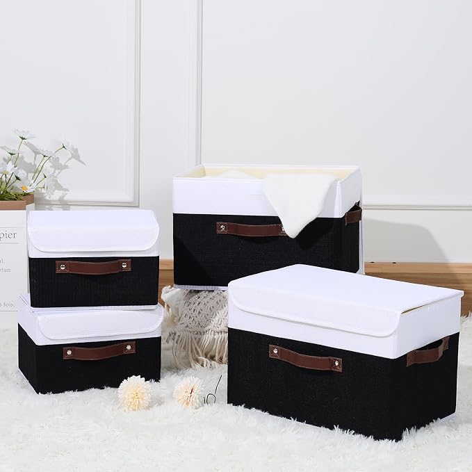 ANMINY Fabric Storage Box Bins with Lids, Black White, 10"x8"x7", 2 Pack | Keepsake Memory Storage, Cotton Linen, PP Board Reinforced, Washable, PU Handles, Foldable & Stackable, Decorative, Small