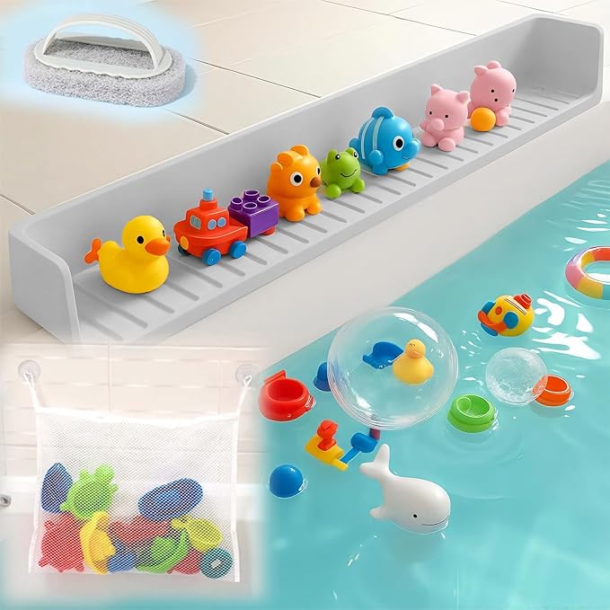 Extra Long White Bathtub Splash Guard Splash Guard Silicone Toy Shelf Holder Prevent Water Spills Kid Bath Tub Accessories (2.6FT, Gray)