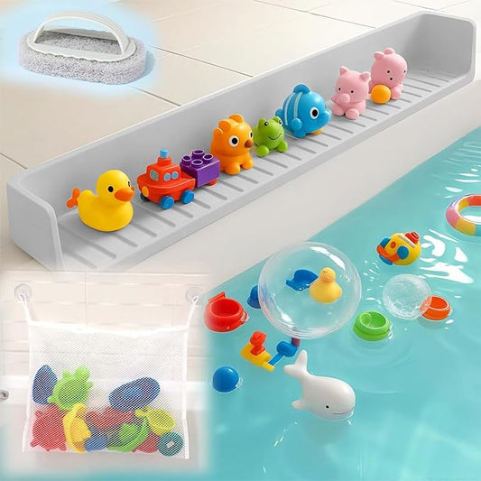 Extra Long White Bathtub Splash Guard Splash Guard Silicone Toy Shelf Holder Prevent Water Spills Kid Bath Tub Accessories (2.6FT, Gray)