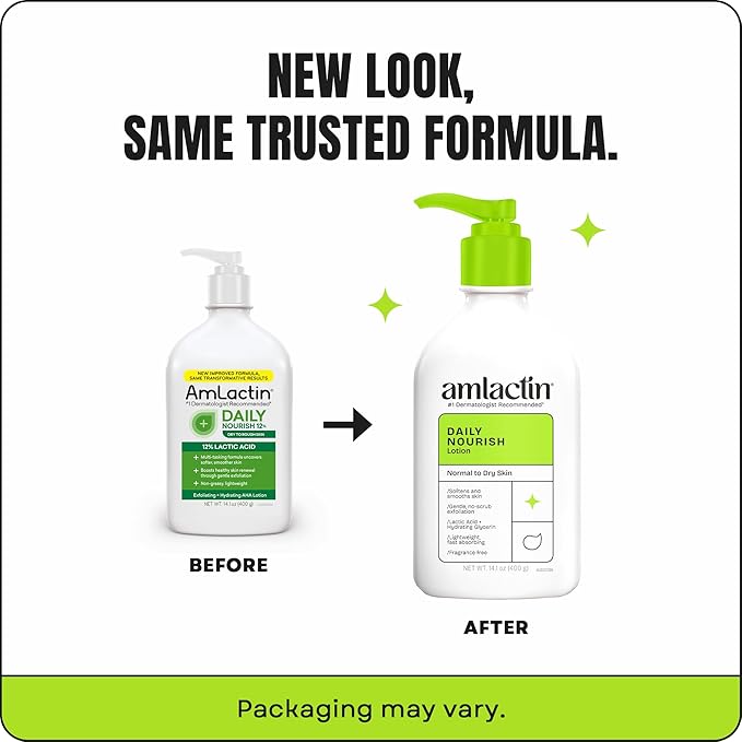 AmLactin Daily Nourish Therapeutic Body Lotion for Dry Skin - No-Scrub Exfoliator and Moisturizer 12% Lactic Acid Lotion, 14.1 oz (Packaging May Vary)