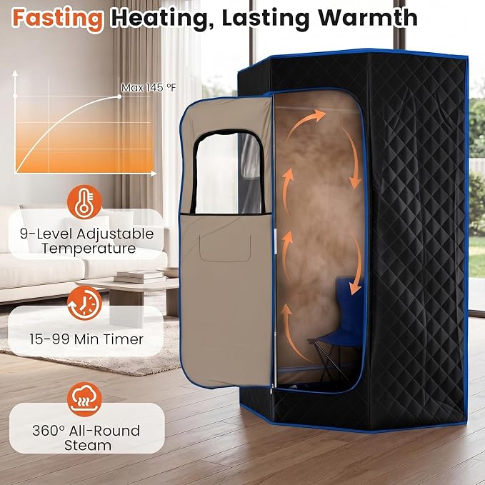 Giantex 3L Portable Steam Sauna, Fast-Heat Large Pentagon Sauna Box for Home, 9-Level Remote Control, 99-Min Timer, Folding Chair, Foot Roller, Mat, 35.5" x 35.5" x 71" Sauna Tent (Black)