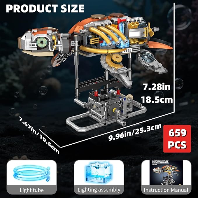 Mechanical Turtle Building Set with Lights, Rotatable Link Components & Display Stand, STEM Building Set for Boys and Girls 8-14, Home Office Decor for Adults, Mechanical Enthusiasts（659PCS）
