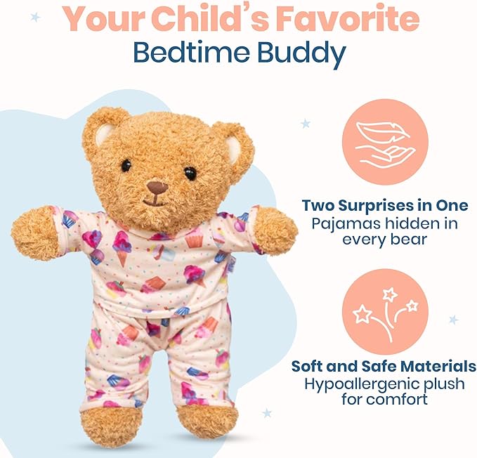 Zip N' Bear Soft Plush Teddy Bear Stuffed Animal with Cup Cake Pajamas - Zippy The Bear Cute Cuddly Plush Toy, Perfect Sensory Teddy for Kids, Toddlers - Adorable Gift & Bedtime Companion