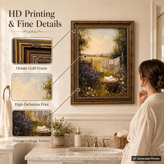 Laundry Room Wall Art, Vintage Gold Framed Farmhouse Landscape, 16x24in | Retro cottagecore country landscape with carved gold frame for laundry room, washroom, bathroom, or farmhouse home decor