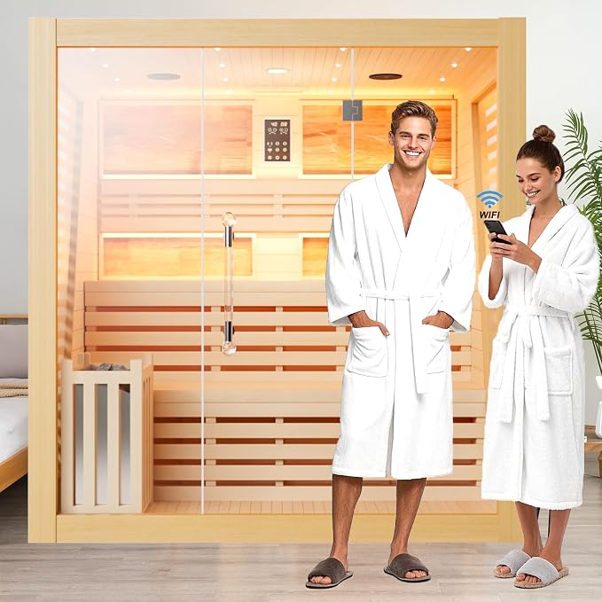Smartmak Wood Home Steam Sauna, WiFi Control 6 Person Canadian Hemlock Traditional Luxurious Wooden Indoor Spa Room, with 6 kw Heater, Speaker, Rocks, Water Bucket, Spoon, Sky Lights