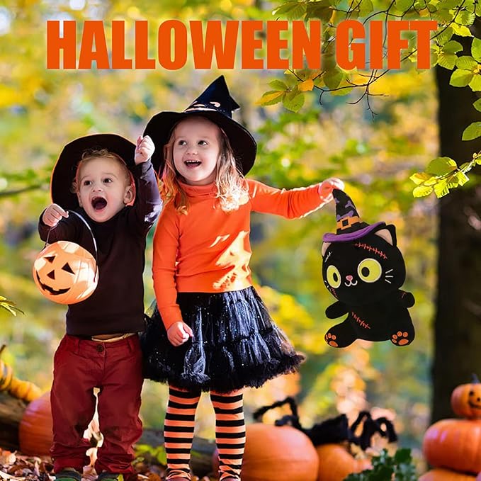 Halloween Plush Toy, Black Cat Stuffed Animal Plush Pillow, with Hat & Stitched Wound Halloween Plushies Toys for Adults and Kids, Birthday Party Favor Home Decor