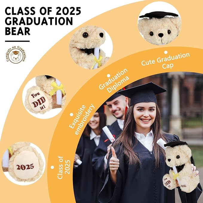 Class of 2025 Gifts Graduation Plush - Graduation Bear with Cap & Diploma, High School Graduation Gifts Cute Preschool Graduation Teddy Toy Gift for Girls Boys - 8 Inches Grad Bear (You Did It)