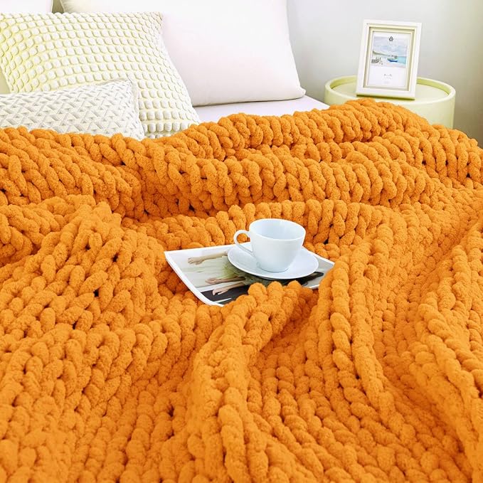 Chunky Knit Blanket Throw for Couch, 51"x63" Chunky Yarn Knitted Blankets | 100% Hand Knit Thick Chenille, Soft Breathable for Bed, Sofa, Home Decor, Cozy Gifts for Women Friends, Orange