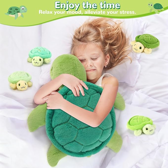 5 Pieces Turtle Stuffed Animals - 1 Mommy Stuffed Turtle with 4 Babies - Tortoise Gifts for Girls Age 3-8, Tortoise Plush Toys for Christmas, Valentine's, Birthday Gifts