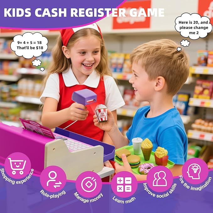 HYES Cash Registers for Kids, Rechargeable Pretend Play Toys Supermarket & Fast Food Restaurant, Cashier Toy with Play Money, Pretend Food, Birthday Gifts for Kids Boy & Girl Age 4-8, Pink