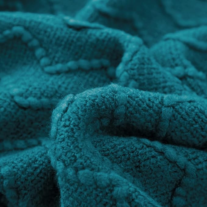 BOURINA Teal Throw Blanket 60x80 Inch Boho Knitted Soft Throw Sofa Blanket | Knitted Throw Blanket 60x80 Inches, Soft Lightweight Boho Weave Throw Decorative Couch Blanket for Living Room Bedroom Chair