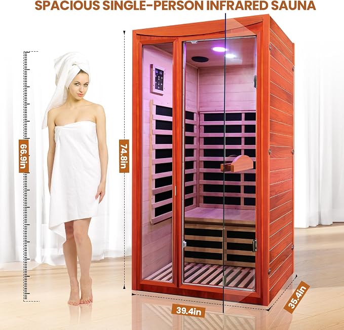 Infrared Sauna, Far Infrared Saunas for Home 1550W/110V Indoor Sauna for Single Person Wood Sauna Spacious 1-2 Person Low EMF Dry Sauna with Speakers/Air Hole and Color Lighting 39.4 * 35.4 * 74.8 in