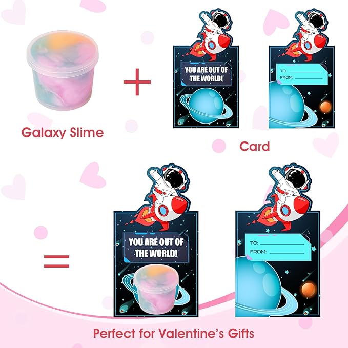28 Pack Valentines Day Gifts for Kids School Classroom - Galaxy Slime Stress Relief Fidget Toys with Valentines Day Cards, School Classroom Exchange, Valentines Class Party Favors