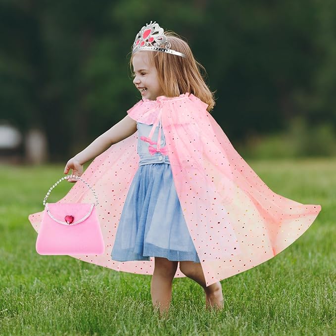 Princess Dress Up Clothes for Little Girls, 10 Pcs Toddler Dress Up Toys, Princess Cape with Crown, Wand, Jewelry, Princess Play Toys Gifts for 3 4 5 6 Year Old Girls(Pink)