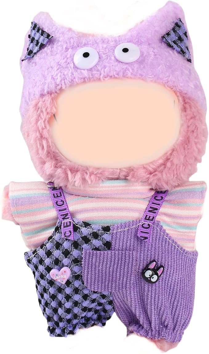 17cm Doll Clothes Set (No Doll) – Outfit with Hat & Overalls, Handmade Accessories for Mini Dolls, OB11-Compatible Dress-Up Gift (Purple Cat)