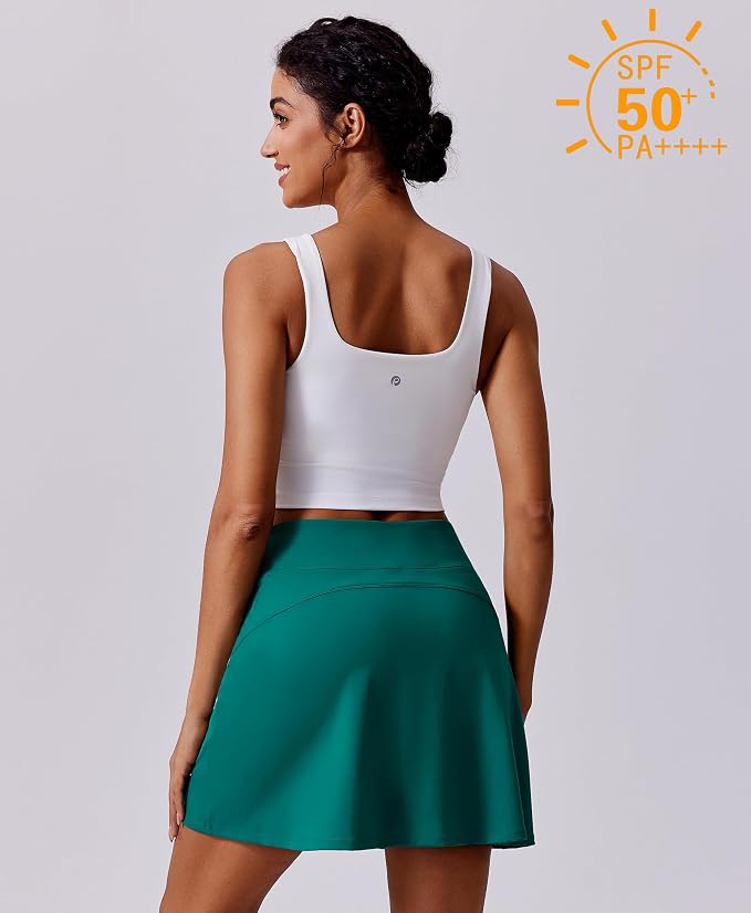 PINSPARK 17" Golf Skorts for Woman High Waisted Tennis Skirt with 4 Pockets | Lightweight, Quick Dry, 4-Way Strecth, Breathable, Tummy Control, UPF 50+ Athletic Skort for Workout, Pickleball, Gym, Casual