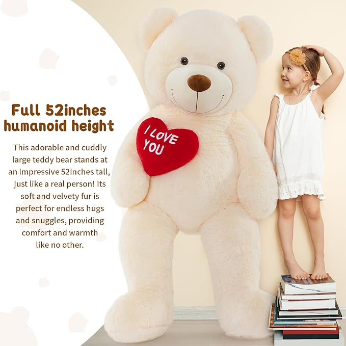 MaoGoLan Giant Teddy Bear 52"- I Love You Red Heart Big White Bear Stuffed Animal - Large Valentines Teddy Bear for Girlfriend,Boyfriend,Wife,Lover - Anniversary, Birthday,Long Distance