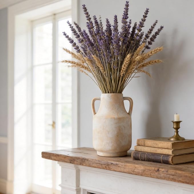 Ceramic Flower Vase, 10.6" Rustic Farmhouse Decorative Vase, Wide Ceramic Pottery Vase for Fresh Flowers, Pampas Grass, Living Room, Fireplace Mantel, Table and Shelf Decor
