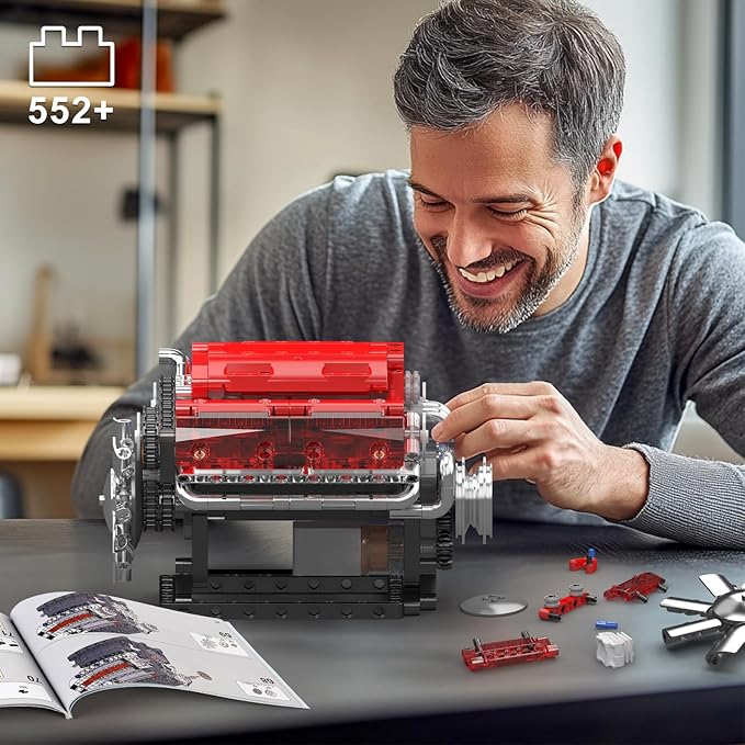 Mould King V8 Engine Building Blocks Sets, 10155 Model Engines Kit That Runs, 8-Cylinder Sports Car Engine Build Kits for Adults with Battery and Motor, Construction STEM Toy(552 Pcs)