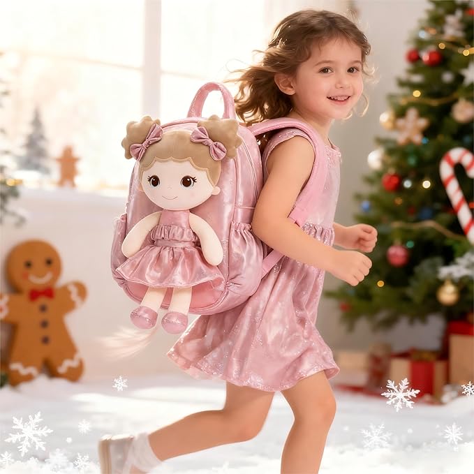 Lazada Toddler Backpack - Baby Girl Gifts Curly Fingerprints Plush Doll Dress Backpack - Fashion Girls Curly Rolled Fingerprints Series - Apricot Pink 11 Inches