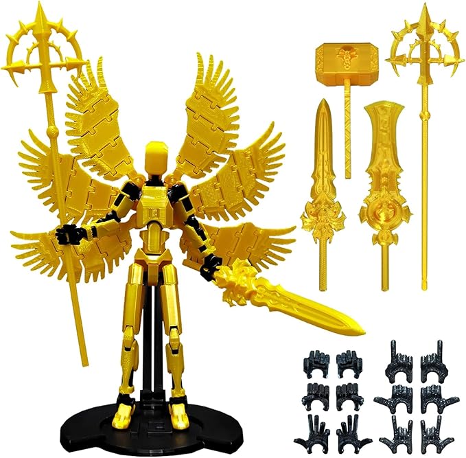 (Assembly Completed) 3D Printed T13 Action Figure, 5.5 Inch Multi-Jointed Movable Dummy 13 Toy,Dummy 13 Robot Action Figure with Lots of Weapons ﻿, Gold