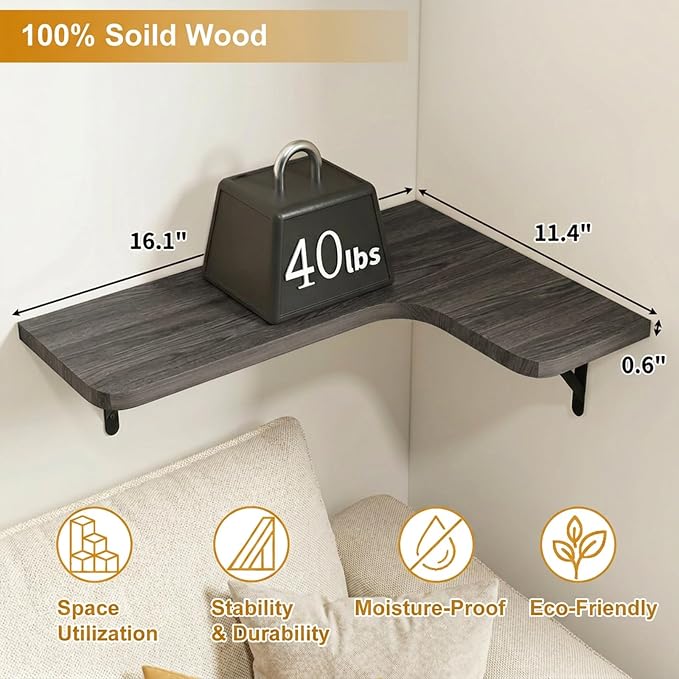 Fixwal Conner Shelves Wall Mounted for Decor, Weathered Grey Set of 5 | Solid wood shelf with metal brackets, holds 40 lbs. Optimizes corner storage. Fits bathroom, kitchen, bedroom & living room.