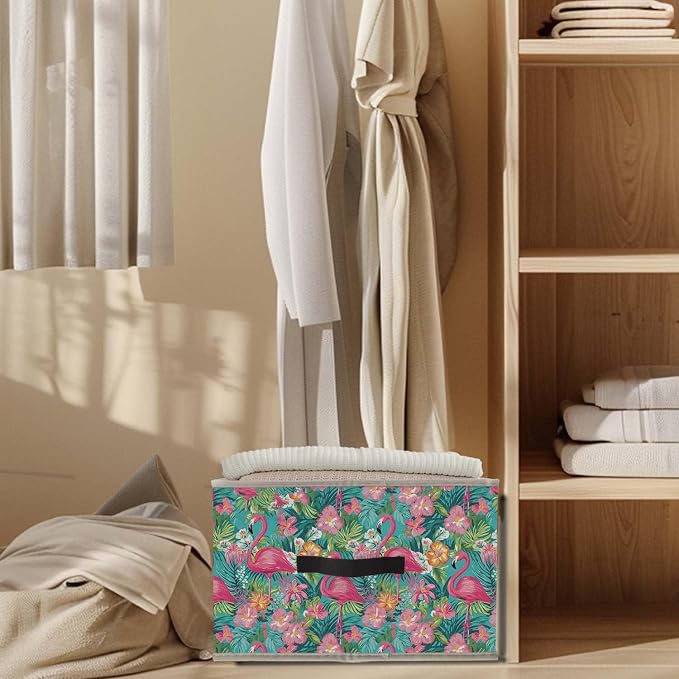 Pink Floral Flamingo Storage Bins Basket, Flamingo Gifts for Women Girls, Tropical Botanical Collapsible Fabric Storage Box Organizer Toybox for Bedroom Bathroom Clothes Books Toys