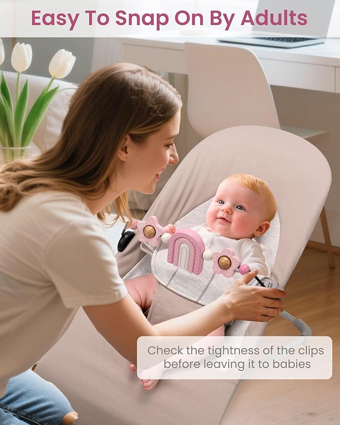Baby Bouncer Toy Bar Wooden Compatible with Baby Bjorn Bouncer, Bouncer Toy Attachment, Tight and Secure Fit, So Fun to Watch, Touch and Spin for Babies All Ages (Pink Rainbow)