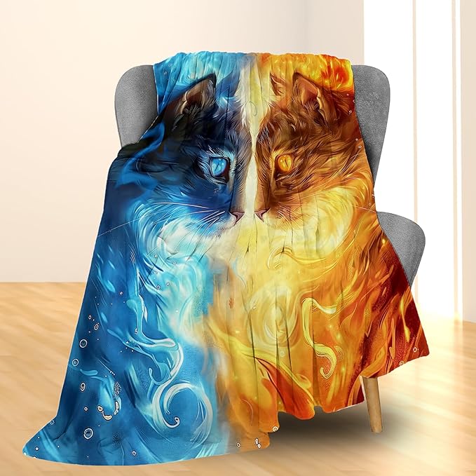 Water & Fire Cat Blanket, Soft Warm Lightweight Flannel Throw Blanket for Couch, Bed, Travel & Outdoor, Cozy Fluffy Fuzzy Blankets for Women Men, Home Decor 80×60 in
