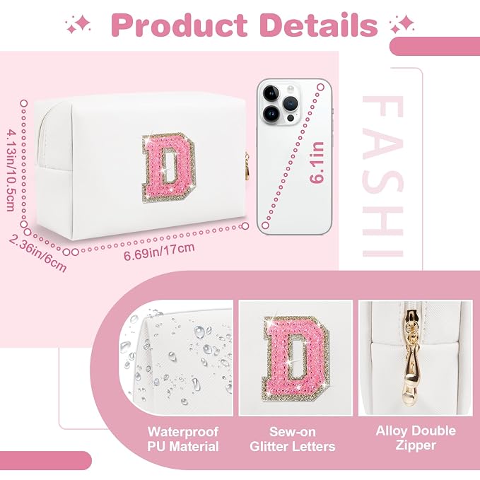 Small Initial Patch Makeup Bag Personalized Gifts Make Up Bag,White Cute PU Leather Glitter Letter Cosmetic Bag with Zipper,Trendy Portable Travel Toiletry Pouch,Preppy Stuff for Teen Girls Women D