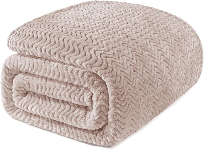 Exclusivo Mezcla Soft Fleece Blanket Twin Size for Bed, Sofa, Camel | 90"x66" Breathable Lightweight Flannel Blanket for Summer, Plush Cozy Jacquard Wave for Home Decor