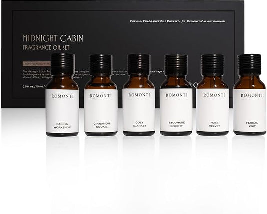 Aroma Essential Oil Gift Set, Midnight Cabin Collection, 6 Pack Oils for Diffuser - Window Pine, Grooming House, Gentleman's Tea Room, Night Cologne, Leather Armchair, Library Linen