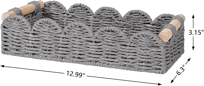 CubesLand Toilet Paper Storage Basket Organizer, Small Wicker Decor Basket | Toilet Tank Top Decorative Basket for Countertop, Handwoven Scalloped Basket W/Handle for Home Decor Living Room, Grey