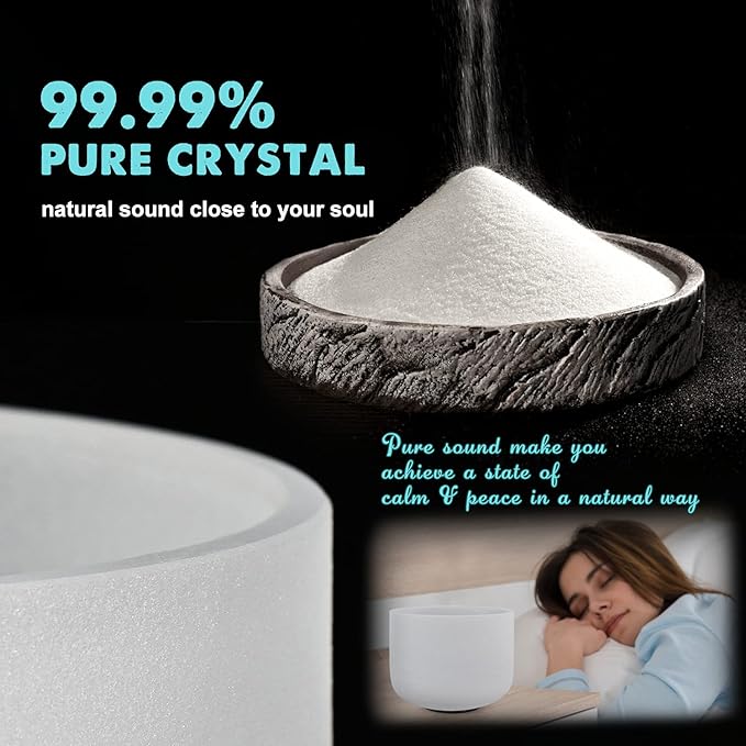 440HZ 8 Inch F Note Heart Chakra Frosted Quartz Crystal Singing Bowl Meditation Therapy Sound Healing Instrument Sound Bath Bowl with Carrying Bag Mallet and O-ring