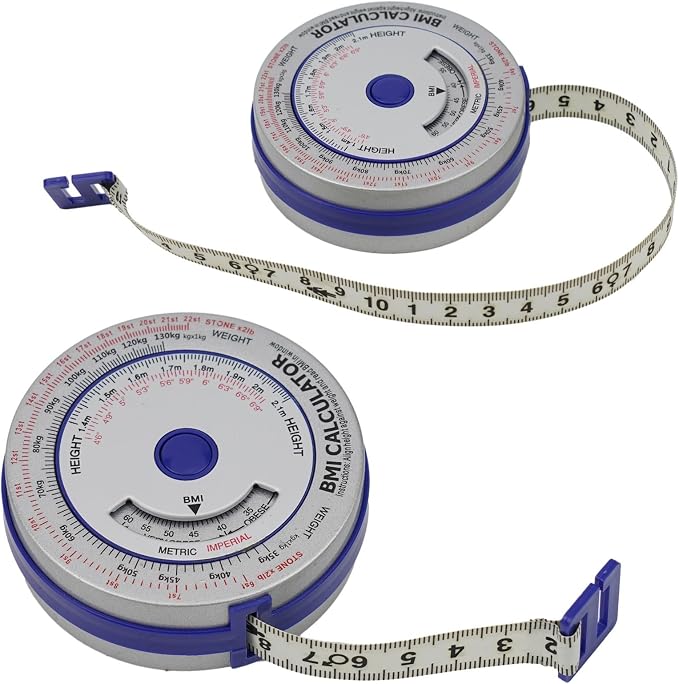 2-Pack BMI Body Mass Index Tape Measure, Retractable Calculator Ruler for Diet Weight Loss, Waist Hip Arm Thigh Body Measuring Tool, Easy Lock Button, 200cm/79in, Blue