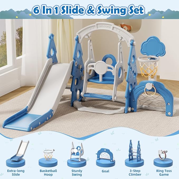 KORIMEFA 6-in-1 Kids Slide and Swing Set, Toddler Slide with Basketball Hoop, Swing, Outdoor Indoor Playground for Toddlers 1-3 Pine Shape Design(6 in1-Blue)