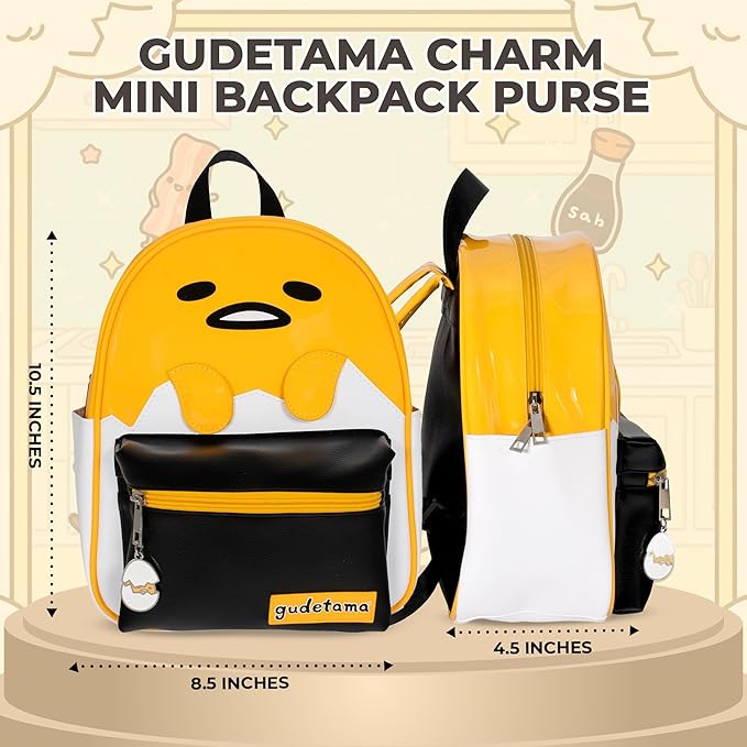 AI ACCESSORY INNOVATIONS Gudetama Big Face Mini Cosplay PU Backpack Purse, Sanrio Shoulder Bag with Epoxy Filled Metal Gudetama Charm, 10.5 Inch, Faux Leather
