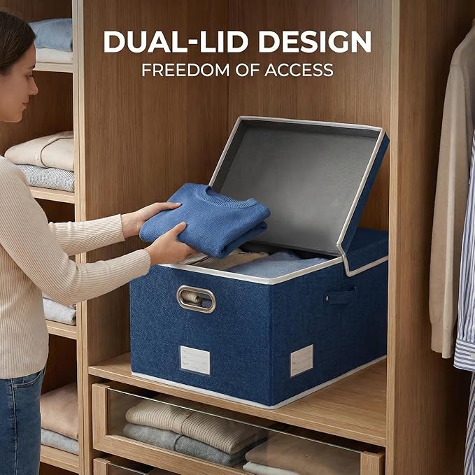 Storage Bins with Lids [3-Pack] Linen Fabric Foldable Storage Boxes Organizer Containers Baskets Cube with Cover for Bedroom Closet Office Royal Blue(23.4X15.9X11.4)