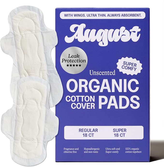 August Regular & Super Organic Pads for Women, 36 (18+18) Ultra Thin Pads with Wings, Hypoallergenic Sanitary Napkins with Organic Cotton Topsheet, Compostable Wrapper, Non-Toxic, Fragrance-Free