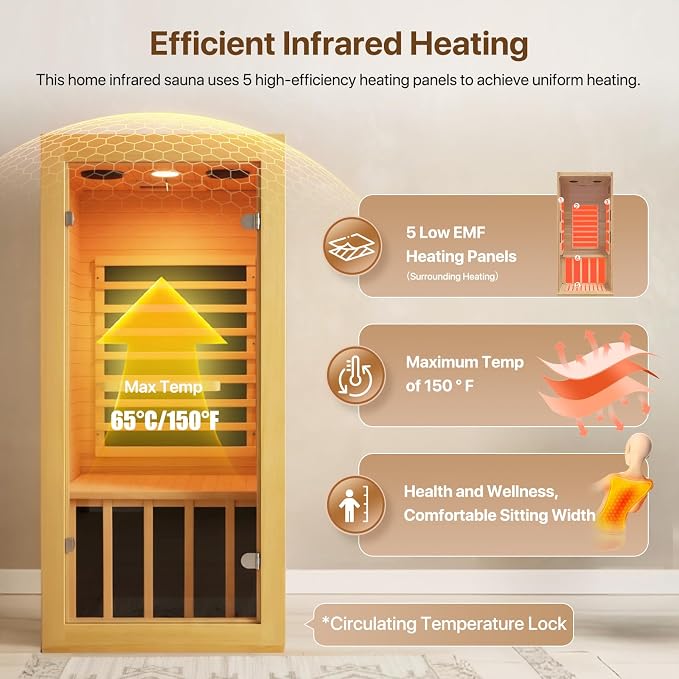 Far Infrared Sauna Home Sauna Room Indoor 1 Person Sauna Wood Saunas 900W 120V with Red Light Bluetooth Speakers 28.35"x32.28"x61.42"