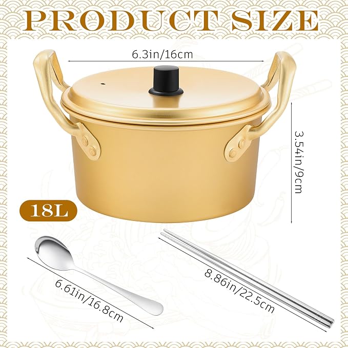 Tioncy Korean Ramen Pot Set of 2 with Lid, Aluminum Ramen Noodle Cooking Pot, Fast Heating with Spoon & Chopsticks, 6 inches/ 16 cm noodle Cooker for Soup, Pasta, Camping, Dorm Cooking, Couple Dinner